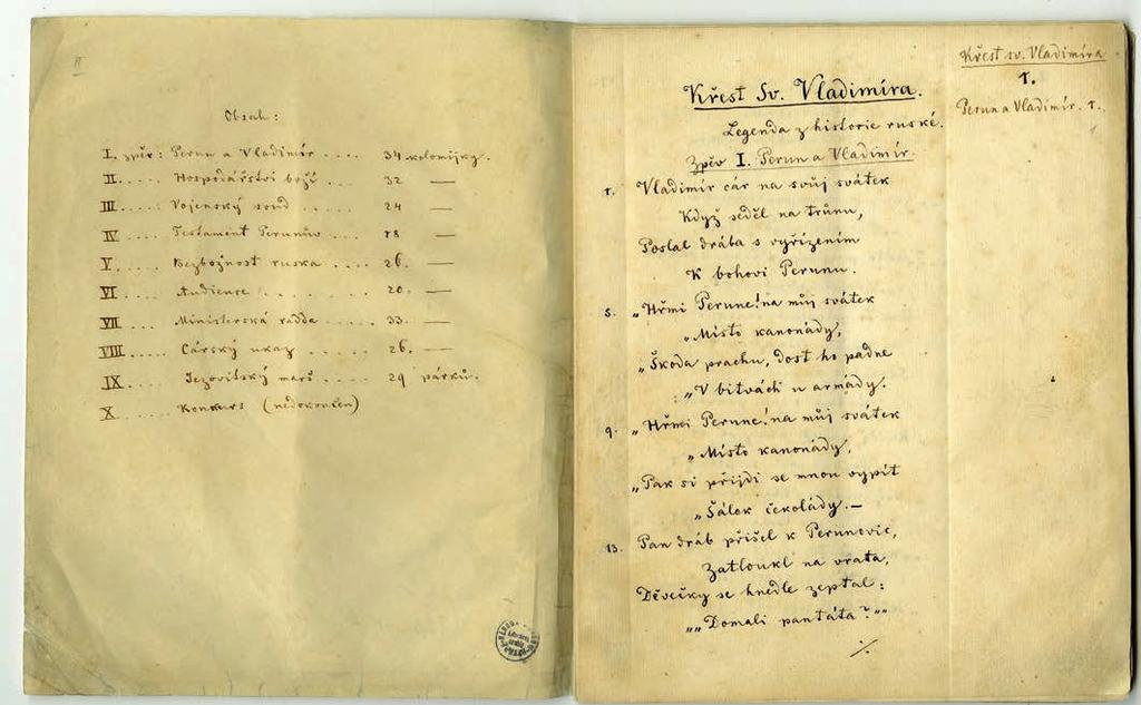 Autograf satirické básně Křest svatého Vladimíra, napsaný Karlem Havlíčkem Borovským v roce 1855 v brixenském exilu, se dochoval v