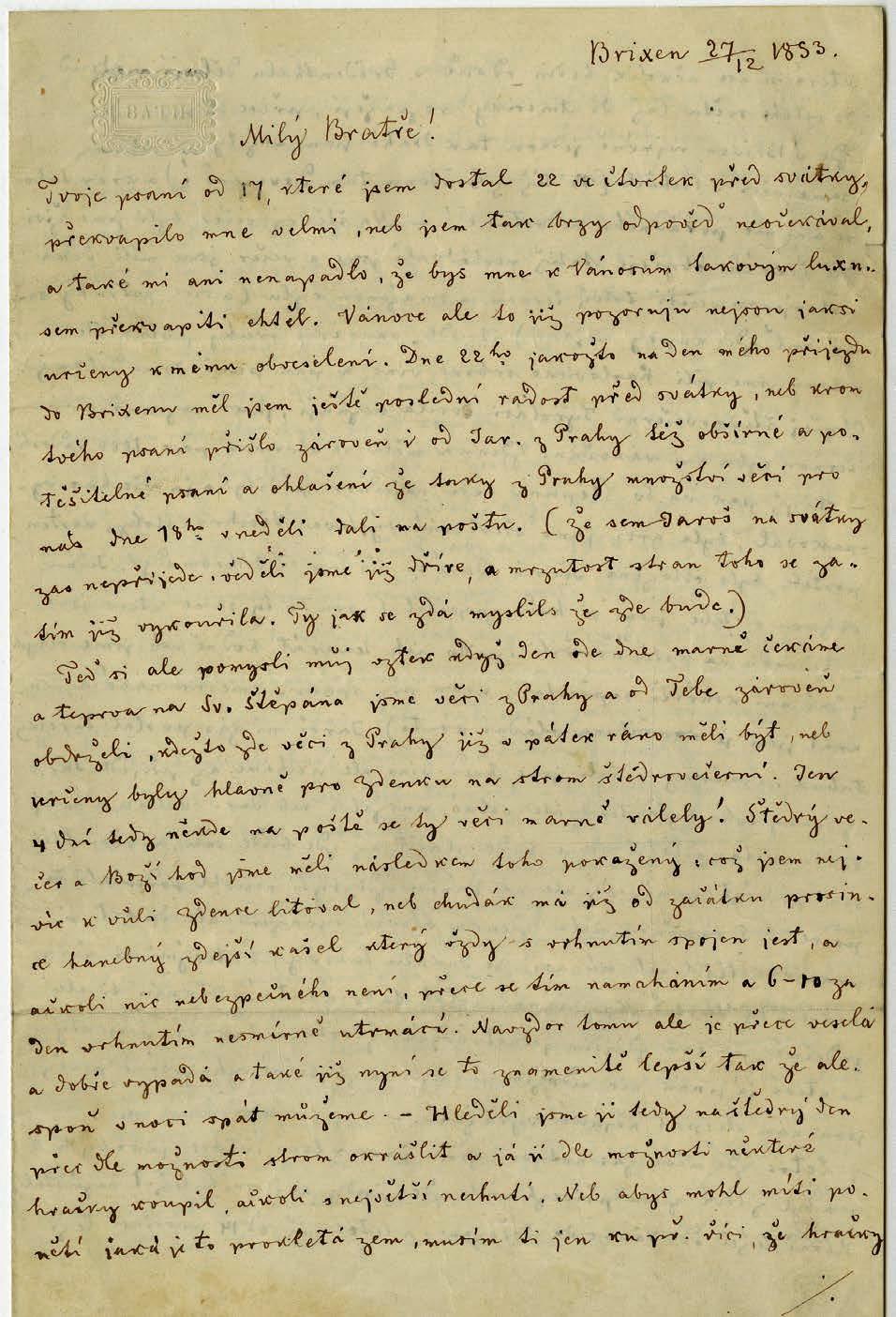 Karel Havlíček Borovský dopis bratru Františkovi z Brixenu ze dne 27. prosince 1853. Archiv NM, fond Bohuslav Dušek, č. 112. K.