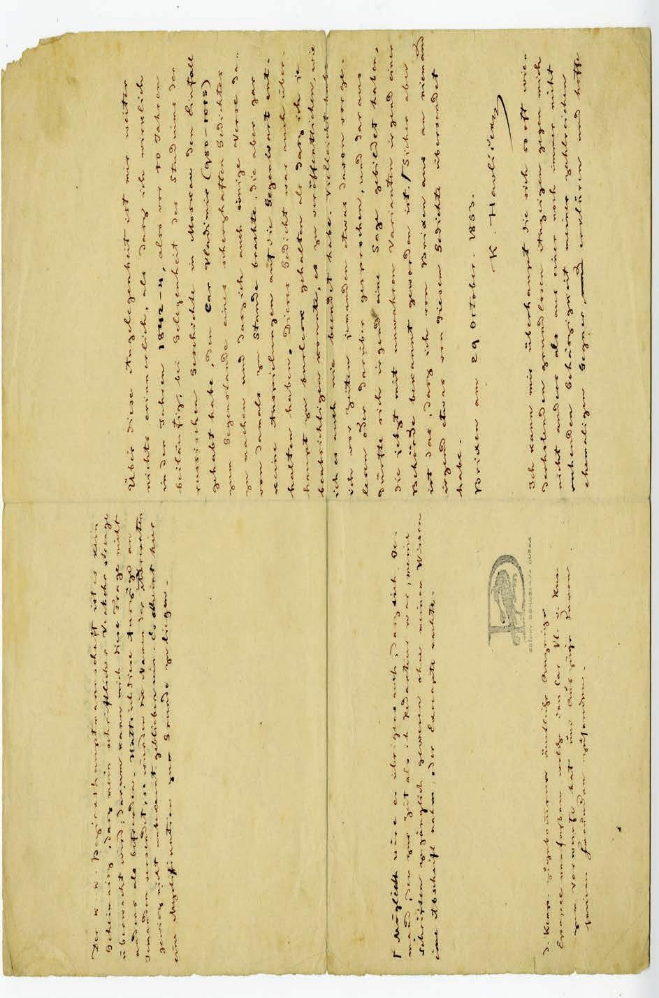 Karel Havlíček Borovský dopis úřadům z Brixenu ze dne 29. října 1853. Archiv NM, fond Bohuslav Dušek, č.