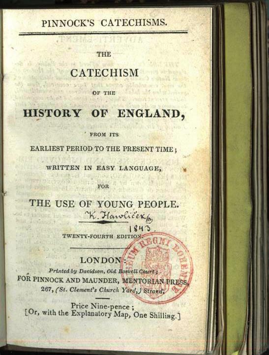 Titulní strana knihy The Catechism of the history of England s podpisem Karla