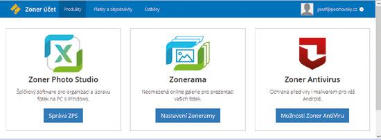 spuštěním. Je třeba, abyste se registrovali na webových stránkách zoner.cz. Jméno, kterým jste se registrovali, se zobrazuje v poli Zoner účet.