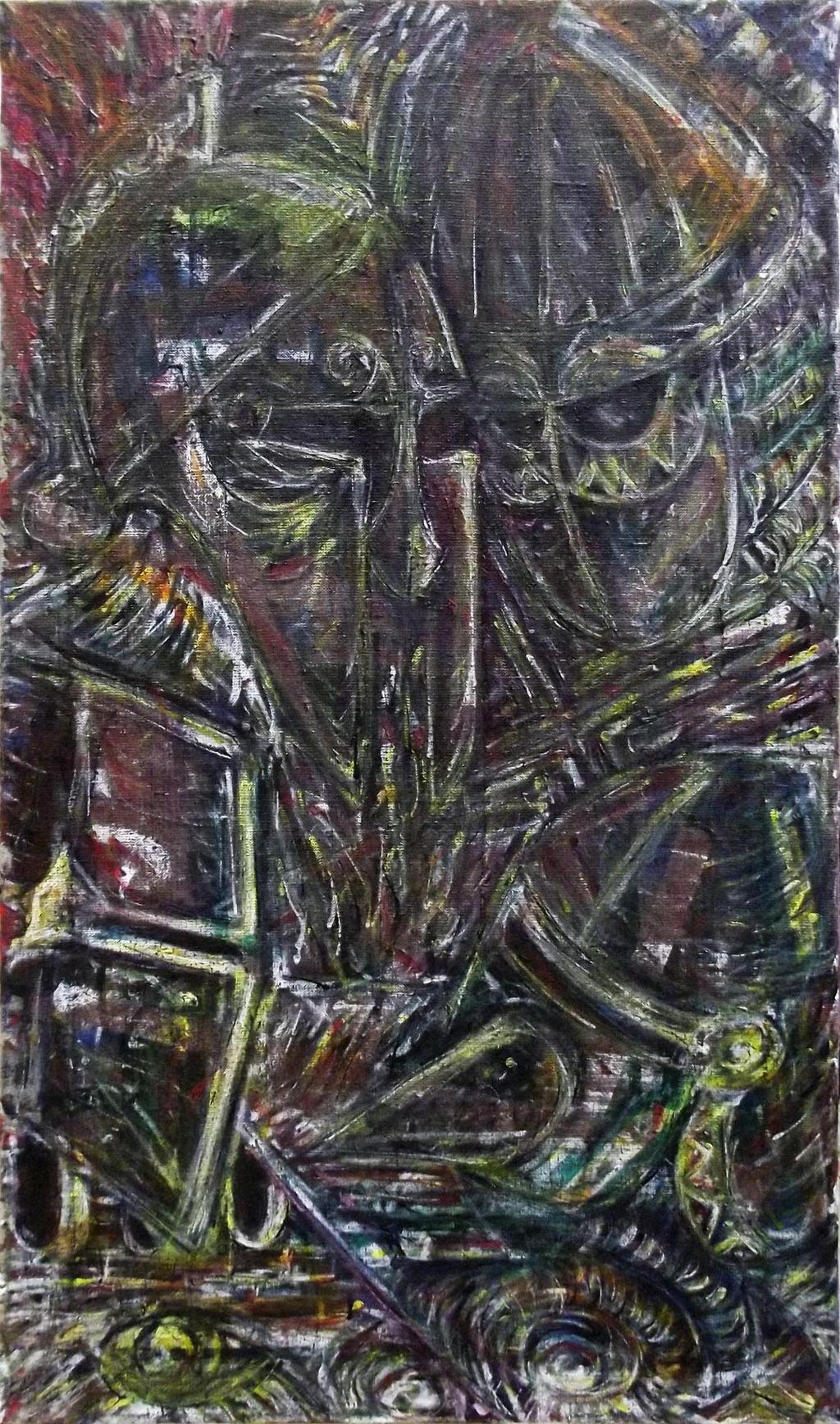 Helmets, kombinovaná technika na plátně, 45x80cm,