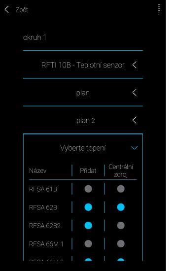 Stiskem tlačítka Přidat se zobrazí nastavení: Název topného okruhu zadejte libovolný název (s diakritikou) Teplotní senzor v seznamu zvolte prvek, (pokud je k prvku připojeno více teplotních senzorů