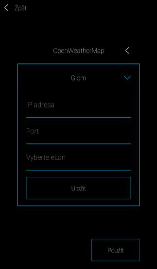 Nebo propojením aplikace s meteostanicí GIOM 3000, která nabízí aktuální hodnoty přímo z místa kde je umístěna. Stiskem tlačítka Počasí se zobrazí výběr: OpenWeatherMap nebo Giom.