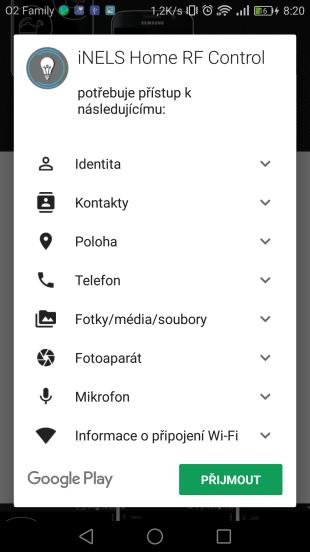 - Klikněte na tlačítko Instalovat. Zobrazí se hlášení o povolení přístupu aplikace ke službám telefonu. Jsou podmínkou instalace aplikace klikněte na tlačítko Přijmout.