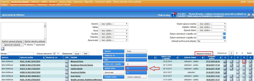 Insolvenční případy, Oddlužení splátky, Likvidace sloupec Dokumenty V tabulkách insolvenčních řízení, které se nacházejí v modulech Insolvenční případy, Oddlužení-splátky a Likvidace nyní můžete