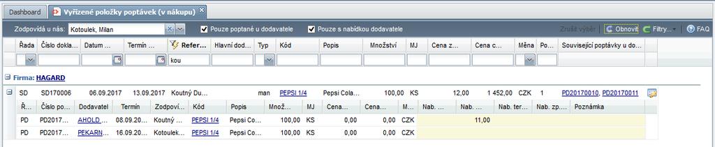 Uživatel má následně možnost označit si řádky a kliknutím na tlačítko vytvořit poptávku začít proces vystavení poptávky dodavateli. Po vystavení poptávky se data automaticky znovu nenačtou!
