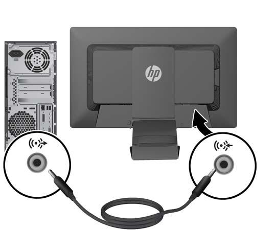 4. Zapojte jeden konec dodaného zvukového kabelu do zvukového konektoru na zadním panelu počítače a druhý konec do zvukového konektoru na monitoru. 5.