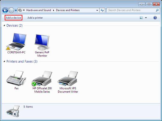 Připojení počítače k tiskárně přes Bluetooth Připojení počítače s Windows 7 k tiskárně 1. Na tiskárně se ujistěte, že je správně nastavený Bluetooth a možnost Zjištění je nastavena na Zapnuto. 2.