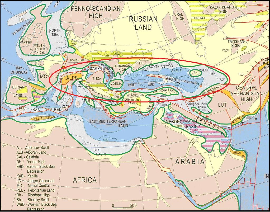 Obr. 1 Paleogeografická a litologická mapa Paratethydního moře ve spodním miocénu (Popov et al. 2004). Upraveno.