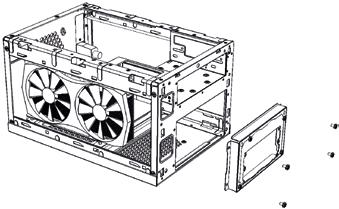 Entfernen Sie den Festplatten-Einbaurahmen. Anschließend können Sie das Mainboard und gegebenenfalls eine Grafikkarte einbauen. Remove the hard drive mounting frame.