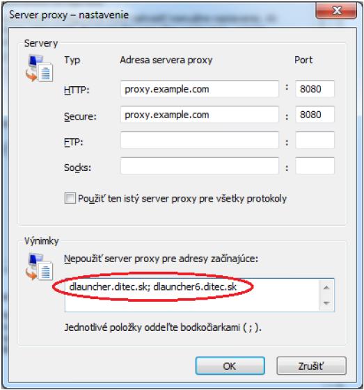 V prípade, že sa pre prístup na internet používa proxy server, tak je potrebné zabezpečiť, aby prístup na adresy: nebol realizovaný cez proxy server.