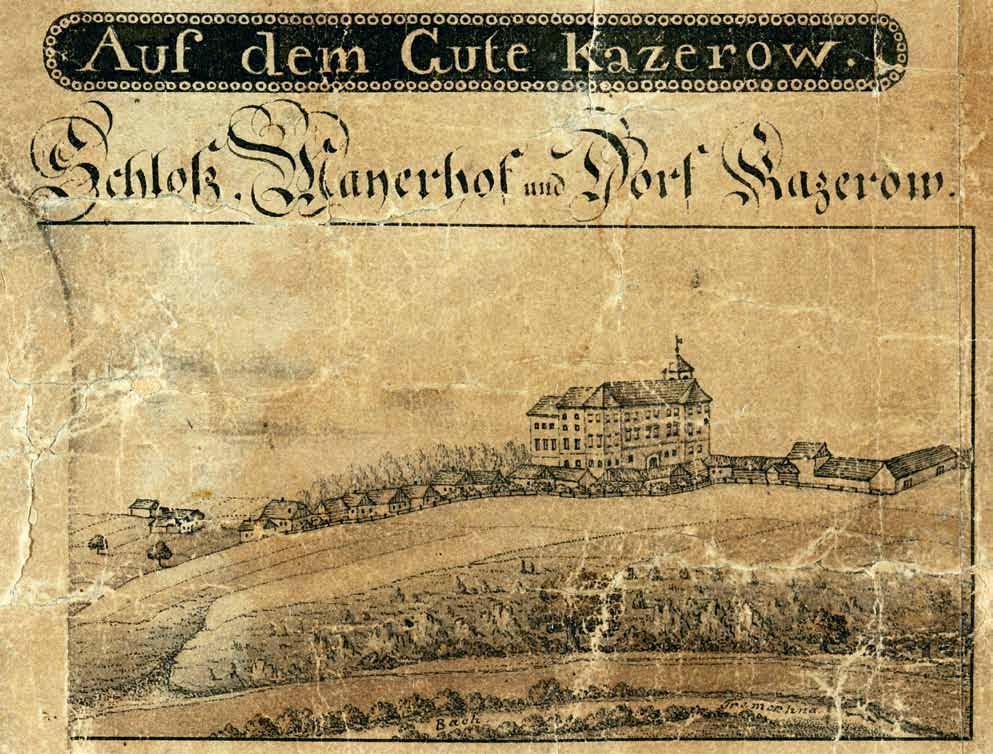 Obr. 6. Ondřej Wiehl: Generální mapa velkostatku Plasy. Papír podlepený kartonem, 150 115,5 cm. Asi 1825. Parergon s pohledem na zámek Kaceřov. (Státní oblastní archiv v Plzni, reprofoto P.