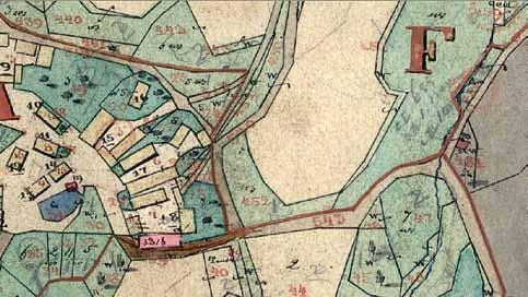 7, poblíž vidlice cest na okraji lesa, je zakreslena Denkova cihlářská pec, parc. č. 20 (Národní archiv Praha, reprofoto Národní archiv Praha) i Výškovice (obě tehdy okr.