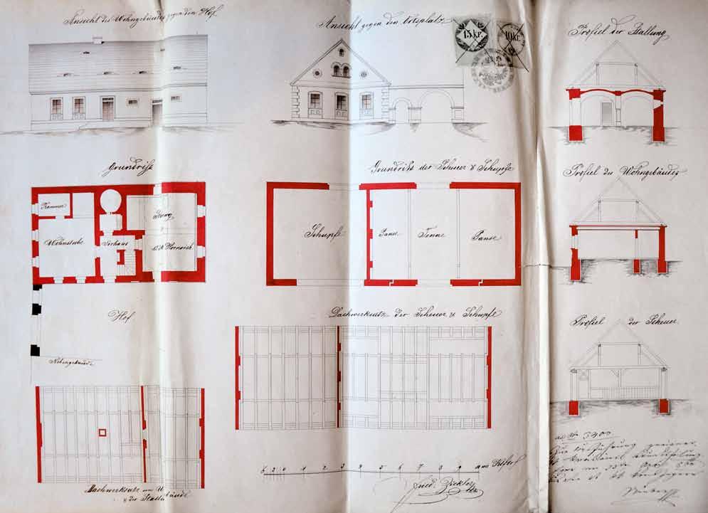 Obr. 4. Friedrich Zickler: Vlkovice, projekt přestavby domu čp. 2. 1860. Pohledy, půdorysy, příčné řezy. Rýsováno na papíře, grafické měřítko (sáhové). Signováno.
