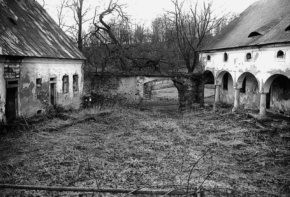 Obr. 11. Vysočany u Ovesných Kladrub, usedlost čp. 7. Dvůr při pohledu na západ. V průhledu brány je vidět rybník na návsi. (Muzeum Cheb, foto P. Šebesta, 1978).