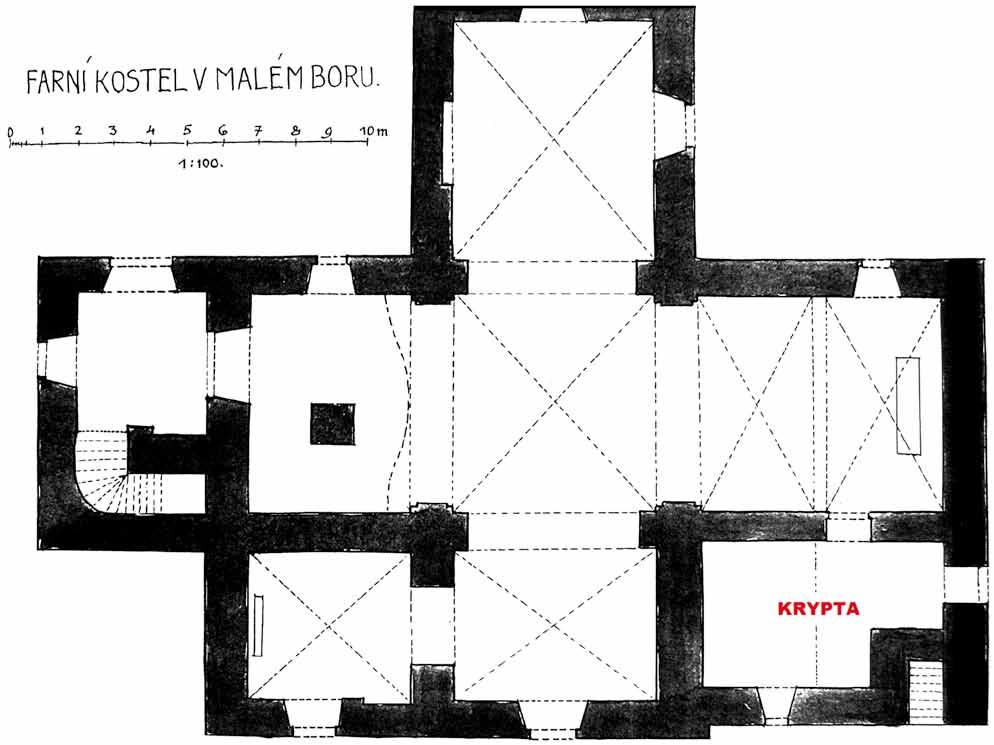 Obr. 4. Anonym: Farní kostel v Malém Boru. Plán. 40. léta 20. století. Rys tuší na papíře. Grafické měřítko. Poloha krypty Ru mers kir chů pod sakristií vyznačena dodatečně.