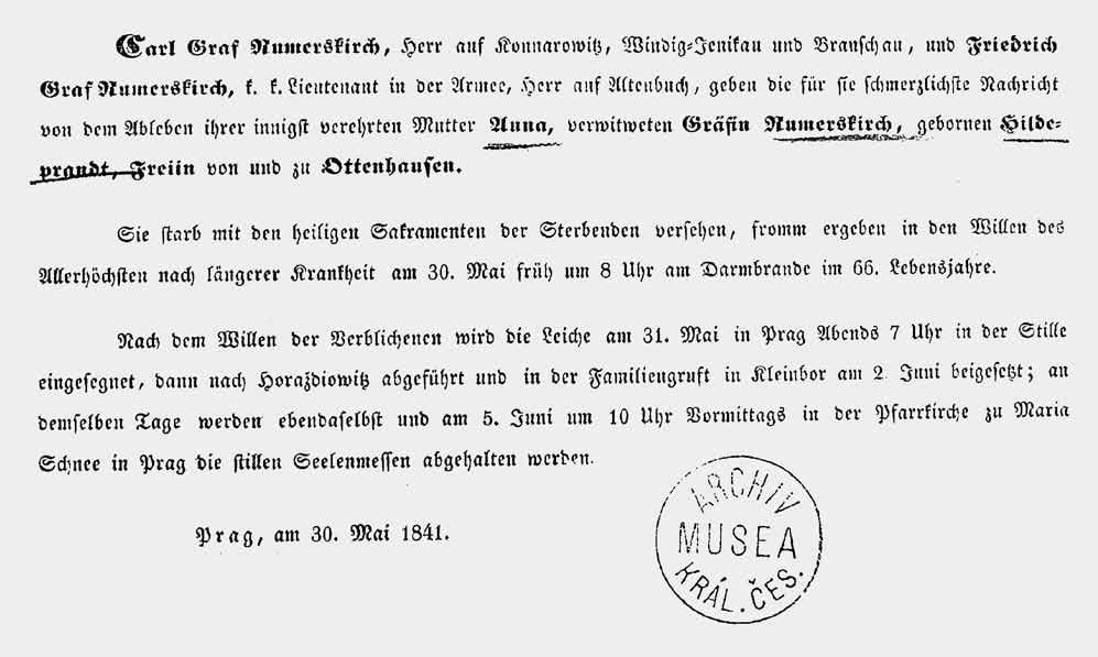 Obr. 7. Úmrtní oznámení Marie Anny hraběnky von Ru mers kirch, rozené svobodné paní Hildprandt von und zu Ottenhausen. 30. 5. 1841.