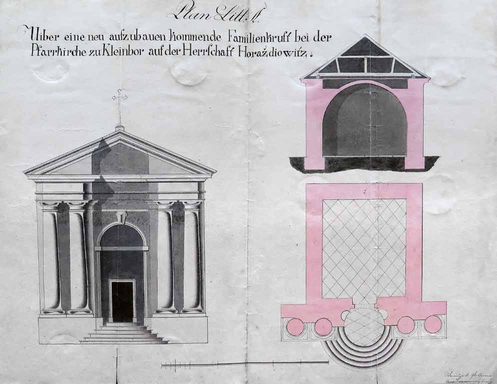 Obr. 8. Autorsky neurčeno: Plán A, návrh novostavby rodinné hrobky u kostela v Malém Boru na panství Horažďovice. 1831 1845. Kolorovaný rys tuší na papíře, 47,5 36,2 cm.