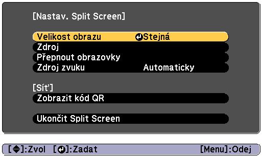 Funkce promítání 117 Postupy Promítání pomocí funkce split screen Během promítání stiskněte tlčítko [Split] n dálkovém ovldči. Právě zvolený vstupní zdroj je promítný n levou část plochy.
