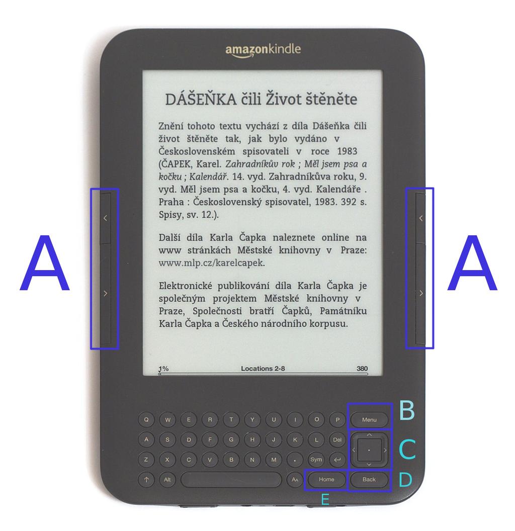 Jiří Troup 1.3 Popis ovládacích prvků 2. Obrázek: Ovládací prvky Kindlu A) Tlačítka Kupředu a Dozadu. Na obou stranách je větší z nich tlačítko Kupředu. B) Tlačítko Menu.
