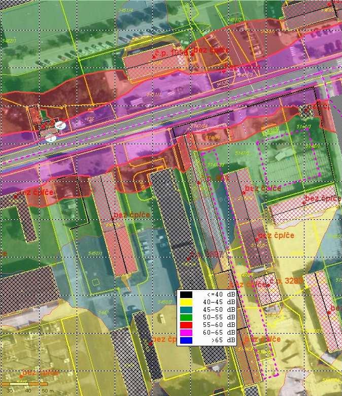 Listů celkem: 9 List číslo: 9 Hluková mapa stávající provoz kom. ul. Dubická + provoz vyvolaný AVE DEN Výpočet 3 Výpočet je proveden pro bezvětří, izofóny vypočteny ve výšce 4.0 m nad terénem.