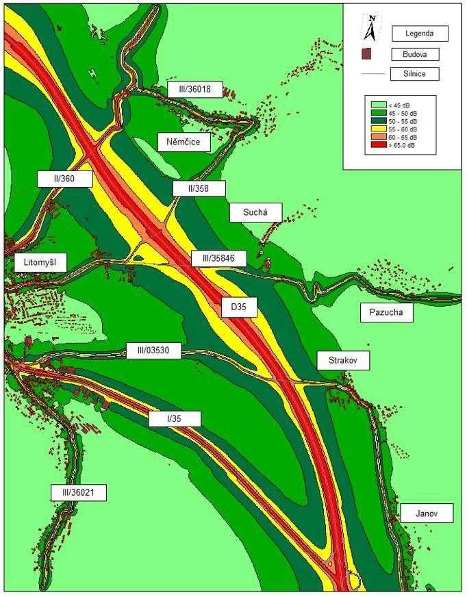 Příloha 4: Hluková mapa provozu pozemní dopravy ve výšce 4 m nad