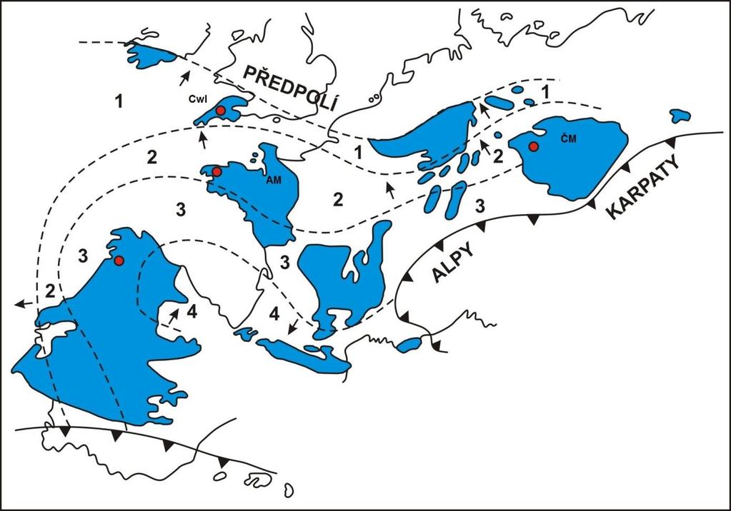 Obr. 28. Schematické znázornění denudovaného variského horstva (modře) s příklady oblastí historicky těžených Sn ložisek z greisenů (červeně).