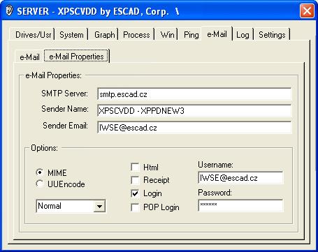G.7.2. Podzáložka: "e-mail Properties" Po spuštění aplikace jsou všechna potřebná pole předvyplněna funkčními údaji. Změnu e-mailového účtu odesílatele proveďte v části: "Options:".