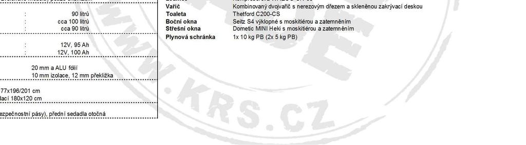 moskitiérou a zatemn ním odpadní voda : cca 90 litr St ešní okna Dometic MINI Heki s moskitiérou a zatemn ním Plynová schránka 1x 10 kg PB (2x 5 kg PB) Baterie motorová : 12V, 95 Ah nástavbová :