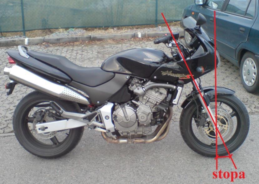 Větší úhel sklonu přední vidlice má větší stabilizující účinek na přední vidlici. Větší setrvačný moment při menším sklonu přední vidlice lépe eliminuje kmitání řídítek.
