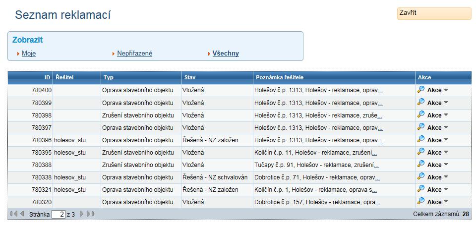 V Seznamu reklamací si pod záložkou Všechny reklamace zobrazíte reklamace všech typů, které se vygenerovaly a dosud nebyly vyřešeny.