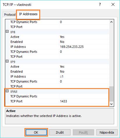Do druhého řádku TCP Port napište číslo 1433 Tlačítkem [OK] kartu uložte. 7. objeví se opět informace upozorňující na restart SQL služby.