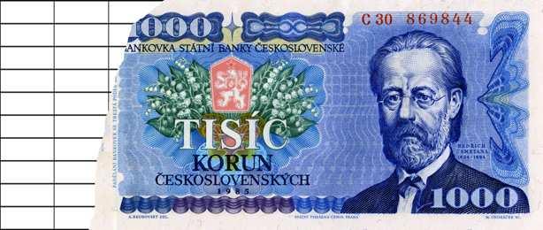 103 Mřížka pro bankovku 1.000 Kčs vzoru 1985 Necelá bankovka položená na mřížku Schematické znázornění způsobu vyměření náhrady za necelou bankovku.