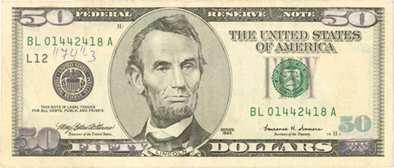 154 Bankovka 5 USD pozměněná na 50 USD úpravou číselného označení hodnoty 5 na 50 a slovního