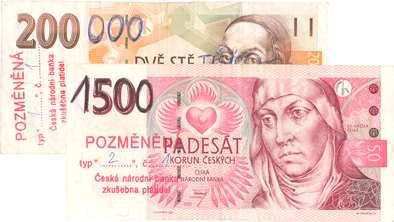 156 Jiné ukázky velmi primitivního pozměnění českých bankovek 50 a 200 Kč dokonce na neexistující nominální hodnoty 1 500 a 200 000