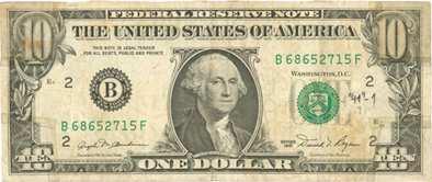 Další ukázka pozměnění bankovky 1 USD na 10 USD tak, že všechny rohy na bankovce 1 USD s hodnotovým číslem 1 byly