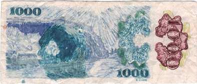 169 Zatím poslední zaznamenaný případ rozštěpu na bankovce 1 000 Kčs vzoru 1985. Lícní strana je pravá, rubová strana je ručně dokreslena.
