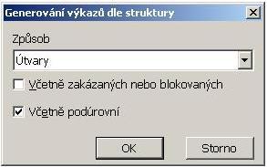 Generuj výkazy dle struktury - z označeného výkazu (označených výkazů) se vygenerují podle předvolených podmínek výkazy podle struktury útvarů, zakázek, nákladových okruhů nebo segmentů.