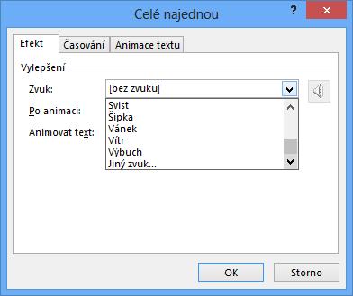 Přiřazení zvuku k animaci objektu Na záložce Efekt je v nabídkách možností k dispozici i rozevírací nabídka Zvuk, pomocí které je možné přiřadit ke každé animaci určitý zvuk.