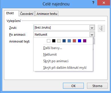 Co po animaci? U každého animovaného objektu máte možnost nastavit, co se s ním stane po provedení animace objektu. Většinou uživatel přeje, aby objekt na snímku zůstal viditelný.