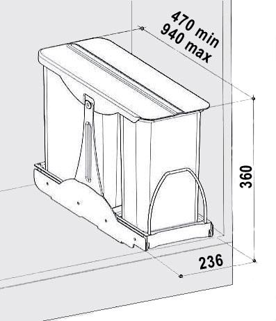 ODPADKOVÉ KOŠE K&C ODPADKOVÉ KOŠE 8601156 Odpadkový koš PATTY 30 Rozměr výrobku: 236 x 470 x 360 mm Vnější šířka skříňky: 300 mm Varianta bez dveřního kování pro dvířka na korpusu.