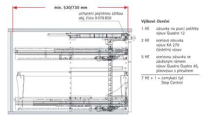 výsuv, nosnost 25 kg 1 výsuv Quadro Duplex 45, plnovýsuv s přesahem, nosnost 45 kg 1 centrální zamykací systém STOP-CONTROL KONTEJNERY 46739 Kontejner Set 244/530 Alu-Finish Na objednání Kontejner