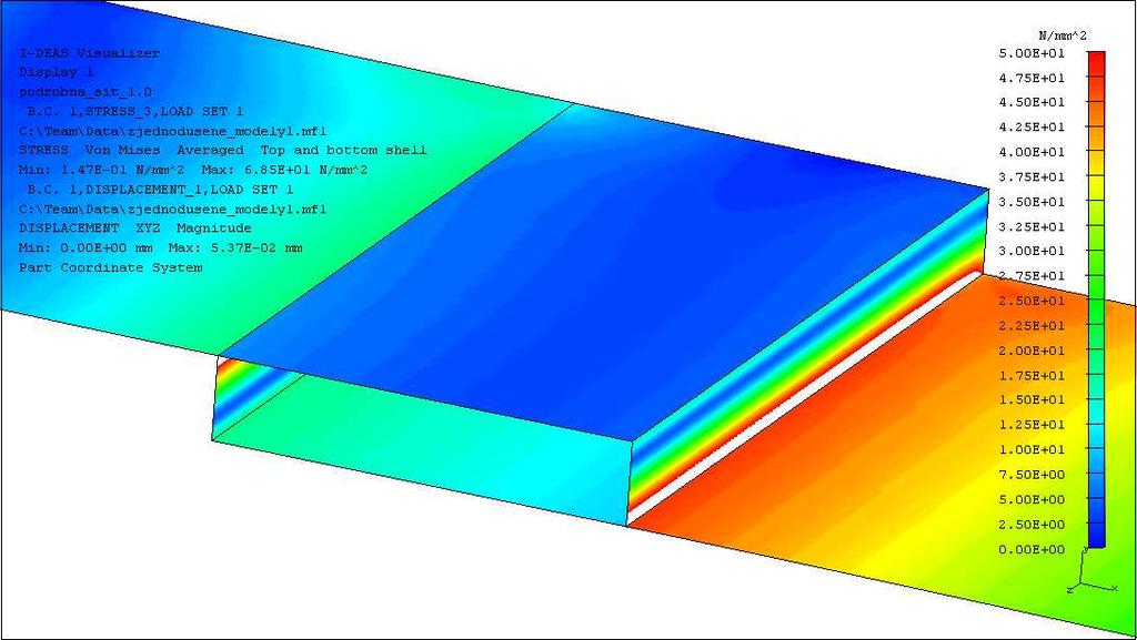18 Napětí v 2D řezu přeplátovaného spoje zobrazení: rovina xy (detail), zatěžovací stav: zatížení, srovnávací napětí: