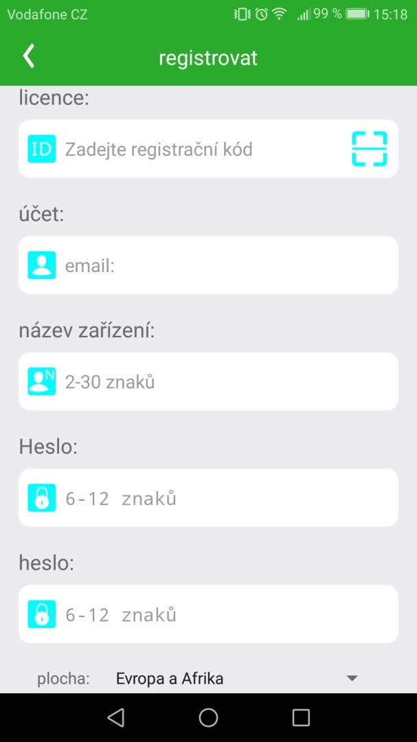 Licence: registrační kód, který můžete naskenovat pomocí QR kódu (lze také zadat ručně) na zadní straně hodinek nebo v menu hodinek (viz Device info).