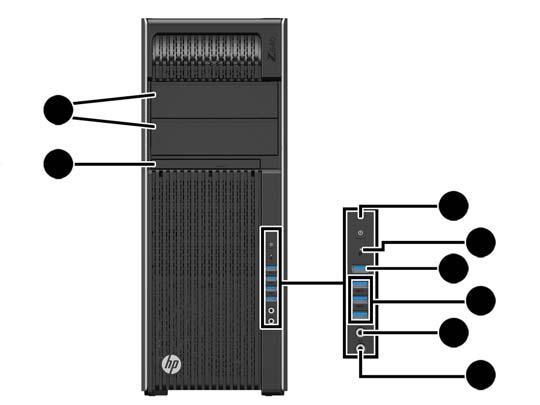 Komponenty pracovní stanice HP Z640 Komponenty předního panelu pracovní stanice HP Z640 1 Pozice optické jednotky 5 Nabíjecí port Port USB 3.0 (1) 2 Optická jednotka 6 Porty USB 3.