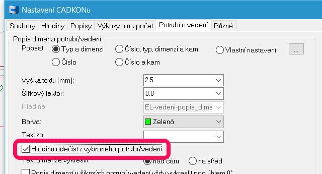 Při popisu dimenzí potrubí/vedení je nyní možnost automaticky odečíst hladinu z popisovaného potrubí/vedení.