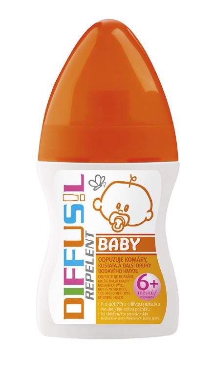 Diffusil Repelent BABY Mechanický sprej 100 ml Pro citlivou pokožku dětí. Odpuzuje komáry, klíšťata a další druhy bodavého hmyzu.