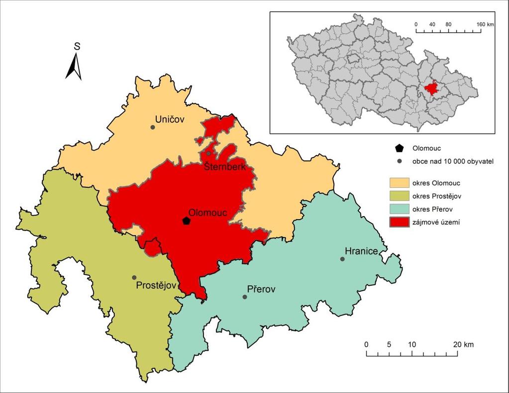 Obr. 2 Vymezení suburbánního zázemí Olomouce na úrovni okresů (mapový podklad: GEOFABRIK, 2014; zdroj: ČSÚ, 2014; vlastní zpracování v ArcGIS 10) 4.