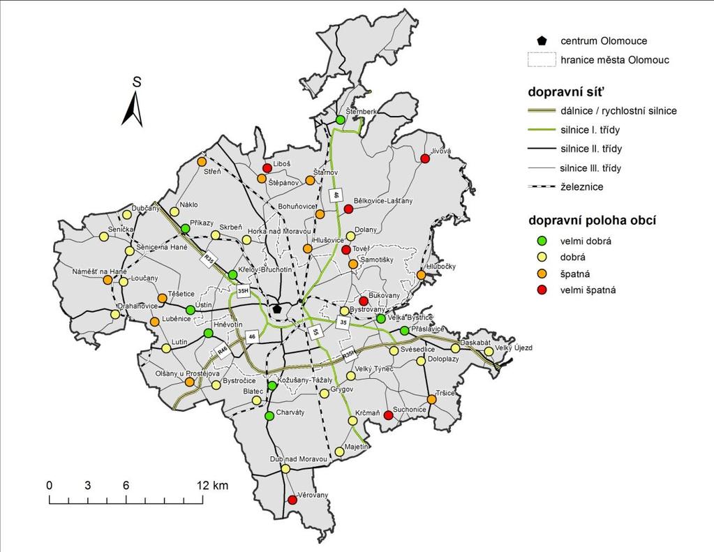 Obr. 6 Úroveň dopravní polohy obcí suburbánního zázemí Olomouce (mapový podklad: GEOFABRIK, 2014; zdroj: ŘSD a SŽDC, 2014; vlastní zpracování v ArcGIS 10) 6.